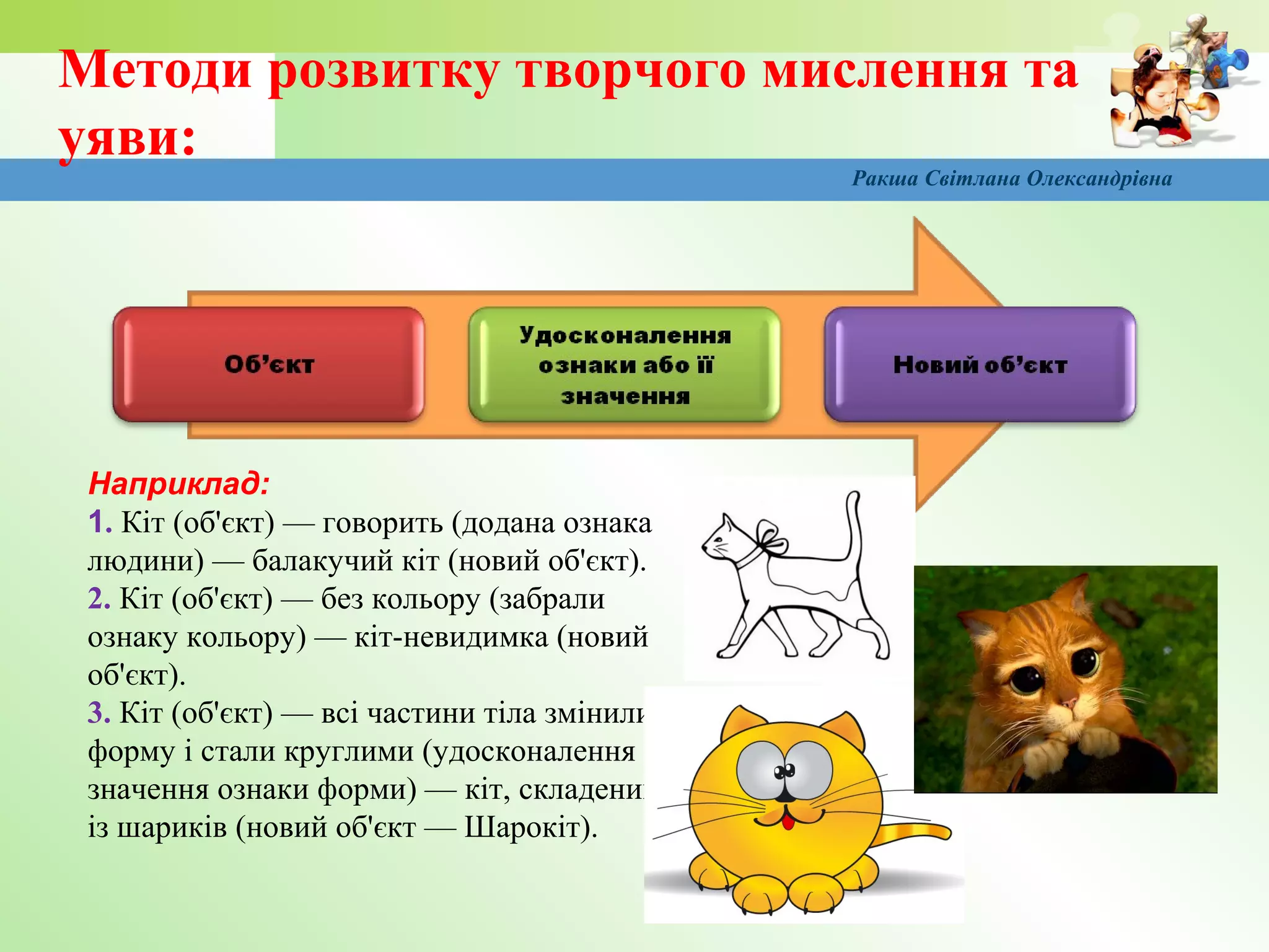 www.themegallery.com
Методи розвитку творчого мислення та
уяви:
Ракша Світлана Олександрівна
Наприклад:
1. Кіт (об'єкт) — говорить (додана ознака
людини) — балакучий кіт (новий об'єкт).
2. Кіт (об'єкт) — без кольору (забрали
ознаку кольору) — кіт-невидимка (новий
об'єкт).
3. Кіт (об'єкт) — всі частини тіла змінили
форму і стали круглими (удосконалення
значення ознаки форми) — кіт, складений
із шариків (новий об'єкт — Шарокіт).
 