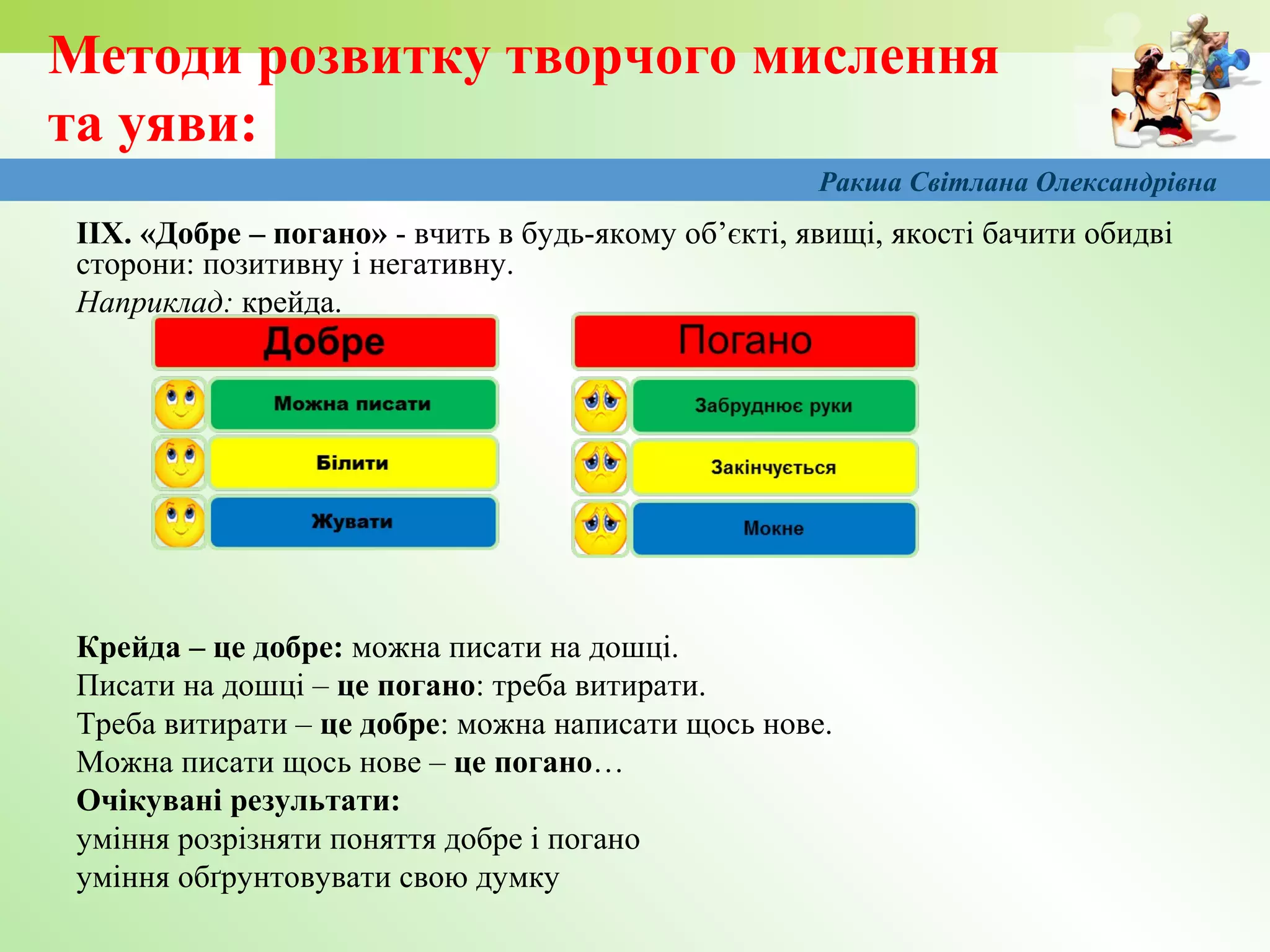 Методи розвитку творчого мислення
та уяви:
ІІХ. «Добре – погано» - вчить в будь-якому об’єкті, явищі, якості бачити обидві
сторони: позитивну і негативну.
Наприклад: крейда.
Крейда – це добре: можна писати на дошці.
Писати на дошці – це погано: треба витирати.
Треба витирати – це добре: можна написати щось нове.
Можна писати щось нове – це погано…
Очікувані результати:
уміння розрізняти поняття добре і погано
уміння обґрунтовувати свою думку
Ракша Світлана Олександрівна
 