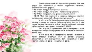 Річний фінансовий звіт бюджетних установ, крім тих
форм, що подаються у складі квартальної звітності,
додатково містить форми:
— № 5 "Звіт про рух необоротних активів";
— № 6 "Звіт про рух матеріалів і продуктів харчування";
— № 9 "Звіт про результати фінансової діяльності";
— № 15 "Звіт про недостачі та крадіжки грошових коштів і
матеріальних цінностей в бюджетних установах".
У звіті за ф. № 5 відображається вартість необоротних
активів установи на початок і кінець звітного року та їх рух
протягом року. Складають цей звіт на підставі даних окремих
субрахунків до синтетичних рахунків 10, 11 і 12.
Звіт за ф. № 6 характеризує рух за рік окремих, видів
матеріалів і продуктів харчування та їх залишки на початок і
кінець року.
У звіті за ф. № 9 відображають доходи і видатки, а
також операції, внаслідок яких ці доходи (видатки)
збільшуються або зменшуються. Звіт складається з двох
частин: загальний фонд і спеціальний фонд.
 