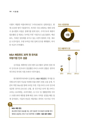 138
니텔이 개발한 어플리케이션 ‘스마트DMB’로 실현되었고, 현
재 2100만 명이 이용중이다. 하지만 시장 포화라는 변화 속에
서 옴니텔의 사업은 정체기를 맞게 된다. 수익구조의 재편이
필요했던 김 대표는 ‘모바일 쿠폰’ 사업으로 눈을 돌렸다. 매년
66%, 가파른 성장세를 보이고 있는 5천억 원대의 시장. 새로
운 도전이었다. 우량 모바일 쿠폰 업체 인수를 계획했다. 하지
만 자금이 부족했다.
M&A 매칭펀드 30억 원 유치로
우량기업 인수 성공
	 신사업을 계획하던 중견 벤처 옴니텔과 실력과 열정 대
비 인지도와 인프라가 절실했던 ㈜이스크라의 결합은 정부의
적극적인 투자와 지원 속에서 이루어졌다.
	 한국벤처투자㈜에서 운용하는 M&A 매칭펀드 투자를 유
치해 30억 원의 자금을 마련한 ㈜옴니텔이 전원 고용 승계, 이
른바 착한 M&A를 통해 모바일 쿠폰 기업 ㈜이스크라 인수에
성공한 것이다.(2013년 12월, 총 인수자금 60억 원) ㈜이스
크라는 GS리테일, 코리아세븐, CJ CGV 등 생활밀착형 서비
스 브랜드와의 제휴를 통해 매년 100% 가까운 성장을 해온 업
계 강자였다. 이들의 만남은 예상대로 최적의 시너지로 이어
㈜ 옴니텔
국내 시장점유율
연간 매출액(억 원)
2100만개
2013 2014.6 2014.6~
87
125
1위
M&A 매칭 펀드
중소벤처기업이 M&A를 하는 경우 필요한 인수대금의 일부를 투자
형태로 공급하는 펀드(‘14년 300억원) ☎ 문의 : 042-481-8953
 