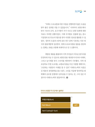 159
	 “저희도 도로교통표지판 사업을 진행하면서 많은 도움을
받아 좋은 성과를 거둘 수 있었습니다.” 나라마다 교통규제나
반사 시트의 규격, 요구사항이 각기 다르고 관련 업체에 대한
자료도 부족한 상황이었다. 이때 국가별로 진출해 있는 중소
기업청과 KOTRA의 협조를 받아 다양한 정보를 활용할 수 있
었다. 정부의 도움과 8년에 걸친 연구 끝에 기존과는 다른 방
식의 필름개발에 성공한다. 현재 도로표지판용 필름을 생산하
는 업체는 3M을 포함해 세계적으로 단 3 곳뿐이다.
	 개발된 제품을 활용하여 지역 주민들이 어두운 밤거리를
안전하게 다닐 수 있도록 교통안전용 재귀반사시트와 어깨띠,
그리고 농기계용 반사 스티커를 제작하여 기부했다. 지역 내
초등학교 주변 도로에는 교통표지판을 무상 지원할 계획이다.
‘고민하는 사람만이 미래를 열 수 있다’ 미래나노텍의 사훈은
김 대표의 경영철학을 품고 있다. 고민을 거듭해 ‘창의력’을 발
휘해야 글로벌 경쟁에서 살아남을 수 있다는 것. 그의 성공 비
결이자 미래나노텍의 원동력이다.
터치스크린용 ITO 및 메시 솔루션
 