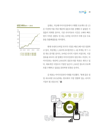 23
	 실제로, 지난해 아이디인큐에서 수행한 프로젝트 중 1/3
은 이전에 비용 부담 때문에 설문조사를 진행할 수 없었던 기
업들이 의뢰한 것이다. 기존 리서치보다 시간은 10배나 빠르
면서 가격은 절반도 안 되는 모바일 리서치가 아예 신규 수요
층을 창출해냈음을 의미한다.
	 현재 국내의 모바일 리서치 시장은 매년 2배 이상 성장하
고 있다. 작년에는 1,500개 규모였지만 3, 4년 후에는 약 7~8
천 개로 증가할 것이다. 모바일 리서치 시장이 커질수록, 시장
점유율 80%의 1위 업체인 아이디인큐의 성장 폭도 커진다. 아
이디인큐는 내년에 3,000건의 설문조사를 목표로 세우고 있
다. 대표적인 시장조사 기업인 닐슨이 1,500건 정도의 프로젝
트를 수행하고 있음을 감안하면 엄청난 숫자다.
	 김 대표는 아이디인큐의 미래를 자신했다. “현재 같은 성
장 속도라면 2015년에는 한국에서 가장 영향력 있는 리서치
기업이 될 것입니다.”
CSVxlsx
20%
성장그래프(2011 ~ 2014)
2011 2012 2013 2014 2015
(%)
400
300
200
100
0
* (‘13) 12년 대비 4-5배 성장
* (‘14) 13년 대비 2-3배 성장
 