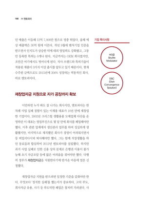 188
던 매출은 이듬해 12억 7,800만 원으로 껑충 뛰었다. 올해 예
상 매출액은 30억 원에 이른다. 작년 9월에 벤처기업 인증을
받으면서 인지도가 상승한 덕에 대외 영업력도 강화됐고, 그동
안 등록한 특허는 8개나 된다. 지금까지는 OEM 회사였지만,
조만간 여기에서도 벗어나게 된다. 자사 브랜드와 특허기술이
적용된 제품이 3가지 이상 출시를 앞두고 있기 때문이다. 현재
수주된 금액으로도 2015년에 200% 성장하는 역동적인 회사,
바로 엔토피아다.
재창업자금 지원으로 자가 공장까지 확보
	 이만하면 누가 봐도 잘 나가는 회사지만, 엔토피아는 한
차례 사업 실패 경험이 있는 이재용 대표가 10년 만에 재창업
한 기업이다. 2002년 크리스털 생활용품 도매업체 다산을 운
영하던 이 대표는 영업부진으로 몇 달 만에 회사를 폐업해야만
했다. 이후 관련 업계에서 생산관리 업무를 하며 성실하게 생
활했지만, 마지막으로 재직했던 회사가 경영이 어려워지면서
등 떠밀리다시피 퇴사해야만 했다. 그는 함께 직장생활을 하
던 동료들과 합심하여 2012년 엔토피아를 설립했다. 하지만
과거 사업 실패로 인한 신용 상의 문제로 은행권 이용이 불가
능해 초기 자금조달 등에 많은 어려움을 겪어야만 했다. 다행
히 정부가 재창업자금을 지원한다기에 반가운 마음에 얼른 신
청했다.
	 재창업자금 지원을 받으려면 일정한 기준을 갖춰야만 한
다. 무엇보다 ‘정직한 실패’를 했는지가 중요하다. 고의 부도,
회사자금 유용, 사기 등 부도덕한 폐업은 철저히 가려낸다. 사
㈜ 엔토피아
기업 특이사항
HD급
Skylife
Modulator
DSC
(Dish
Convergence
Solution)
 