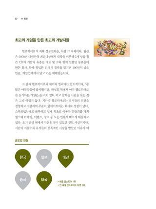 32
최고의 게임을 만든 최고의 개발자들
	 헬로히어로의 최대 성공전략은, 사람 그 자체이다. 핀콘
은 2009년 대한민국 게임대상에서 대상을 비롯해 5개 상을 휩
쓴 ‘C9’의 개발자 유충길 대표 및 그와 함께 일했던 동료들이
만든 회사. 함께 창업한 11명의 경력을 합치면 100년이 넘을
만큼, 게임업계에서 날고 기는 베테랑들이다.
	 그 결과 헬로히어로의 재미와 퀄리티는 압도적이다. “수
많은 아류작들이 출시됐지만, 완성도 면에서 아직 헬로히어로
를 능가하는 게임은 본 적이 없다”라고 말하는 사람을 찾는 것
은 그리 어렵지 않다. 게다가 헬로히어로는 유저들의 의견을
경청하고 수렴하여 꾸준히 업데이트하는 회사로 정평이 났다.
스타트업임에도 불구하고 업계 최초로 이용자 간담회를 개최
했으며 마케팅, 이벤트, 광고 등 모든 면에서 빠르게 대응하고
있다. 초기 운영 면에서 아쉬운 점이 있었던 것도 사실이지만,
시간이 지날수록 유저들의 전폭적인 사랑을 받았던 이유가 여
㈜ 핀콘
글로벌 진출
* 애플 앱스토어 1위
* 전 세계 안드로이드 마켓 5위
한국 대만
중국
일본
태국
 