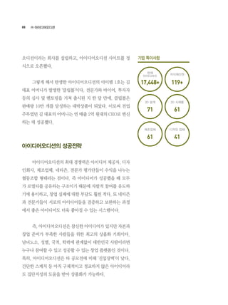 88
오디션이라는 회사를 설립하고, 아이디어오디션 사이트를 정
식으로 오픈했다.
	 그렇게 해서 탄생한 아이디어오디션의 아이템 1호는 김
대표 어머니가 발명한 ‘클립볼’이다. 전문가와 바이어, 투자자
등의 심사 및 멘토링을 거쳐 출시된 지 한 달 만에, 클립볼은
판매량 10만 개를 달성하는 대박상품이 되었다. 이로써 전업
주부였던 김 대표의 어머니는 연 매출 2억 원대의 CEO로 변신
하는 데 성공했다.
아이디어오디션의 성공전략
	 아이디어오디션의 최대 경쟁력은 아이디어 제공자, 디자
인회사, 제조업체, 네티즌, 전문가 평가단들이 수익을 나누는
협동조합 형태라는 점이다. 즉 아이디어가 성공했을 때 모두
가 로열티를 공유하는 구조이기 때문에 자발적 참여를 유도하
기에 용이하고, 창업 실패에 대한 부담도 훨씬 적다. 또 네티즌
과 전문가들이 서로의 아이디어들을 검증하고 보완하는 과정
에서 좋은 아이디어도 더욱 좋아질 수 있는 시스템이다.
	 즉, 아이디어오디션은 참신한 아이디어가 있지만 자본과
창업 준비가 부족한 사람들을 위한 최고의 상품화 기회이다.
남녀노소, 성별, 국적, 학력에 관계없이 대한민국 사람이라면
누구나 참여할 수 있고 성공할 수 있는 창업 플랫폼인 것이다.
특히, 아이디어오디션은 타 공모전에 비해 ‘진입장벽’이 낮다.
간단한 스케치 등 아직 구체적이고 정교하지 않은 아이디어라
도 집단지성의 도움을 받아 상품화가 가능하다.
㈜ 아이디어오디션
기업 특이사항
3D 설계
제조업체
3D 시제품
디자인 업체
현재
아이디어수
지식재산권
17,448+ 119+
71
61
61
41
 