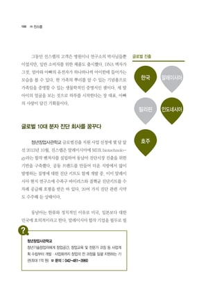 100
	 그동안 진스랩의 고객은 병원이나 연구소의 박사님들뿐
이었지만, 일반 소비자를 위한 제품도 출시했다. DNA 액자가
그것. 엄마와 아빠의 유전자가 하나하나씩 아이한테 들어가는
모습을 볼 수 있다. 한 가족의 뿌리를 알 수 있는 기념품으로
가족임을 증명할 수 있는 생물학적인 증명서인 셈이다. 세 딸
아이의 얼굴을 보는 것으로 하루를 시작한다는 장 대표. 아빠
의 사랑이 담긴 기획물이다,
글로벌 10대 분자 진단 회사를 꿈꾸다
	 청년창업사관학교 글로벌진출 지원 사업 선정에 몇 달 앞
선 2013년 10월. 진스랩은 말레이시아에 MDX biotechnolo-
gy라는 합작 벤처사를 설립하여 동남아 진단시장 진출을 위한
기반을 구축했다. 공동 브랜드를 만들어 더운 지방에서 많이
발병하는 질병에 대한 진단 키트도 함께 개발 중. 이미 말레이
시아 현지 연구소에 수족구 바이러스와 결핵균 진단키트를 수
차례 공급해 호평을 받은 바 있다. 20여 가지 진단 관련 시약
도 수주해 둔 상태이다.
	 동남아는 한류와 정치적인 이유로 미국, 일본보다 대한
민국에 호의적이라고 한다. 말레이시아 합작 기업을 필두로 필
㈜ 진스랩
글로벌 진출
한국
호주
필리핀
말레이시아
인도네시아
청년창업사관학교
청년기술창업자에게 창업공간, 창업교육 및 전문가 코칭 등 사업계
획 수립부터 개발·사업화까지 창업의 전 과정을 일괄 지원하는 기
관(최대 1억 원) ☎ 문의 : 042-481-3960
 