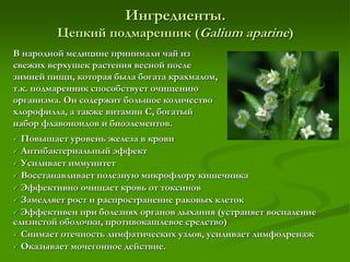Ингредиенты.
Цепкий подмаренник (Galium aparine)
В народной медицине принимали чай из
свежих верхушек растения весной после
зимней пищи, которая была богата крахмалом,
т.к. подмаренник способствует очищению
организма. Он содержит большое количество
хлорофилла, а также витамин С, богатый
набор флавоноидов и биоэлементов.
 Повышает уровень железа в крови
 Антибактериальный эффект
 Усиливает иммунитет
 Восстанавливает полезную микрофлору кишечника
 Эффективно очищает кровь от токсинов
 Замедляет рост и распространение раковых клеток
 Эффективен при болезнях органов дыхания (устраняет воспаление
слизистой оболочки, противокашлевое средство)
 Снимает отечность лимфатических узлов, усиливает лимфодренаж
 Оказывает мочегонное действие.
 