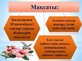 Мақсаты:
Балалардың
10 көлеміндегі
сандар туралы
білімдерін
пысықтау
Есте сақтау
қабілеттерін дамыту,
шапшаңдыққа,
тапқырлыққа,
еңбекке тәрбиелеу
Ауызша есептер
шығару, ілгері
және кері санау
 