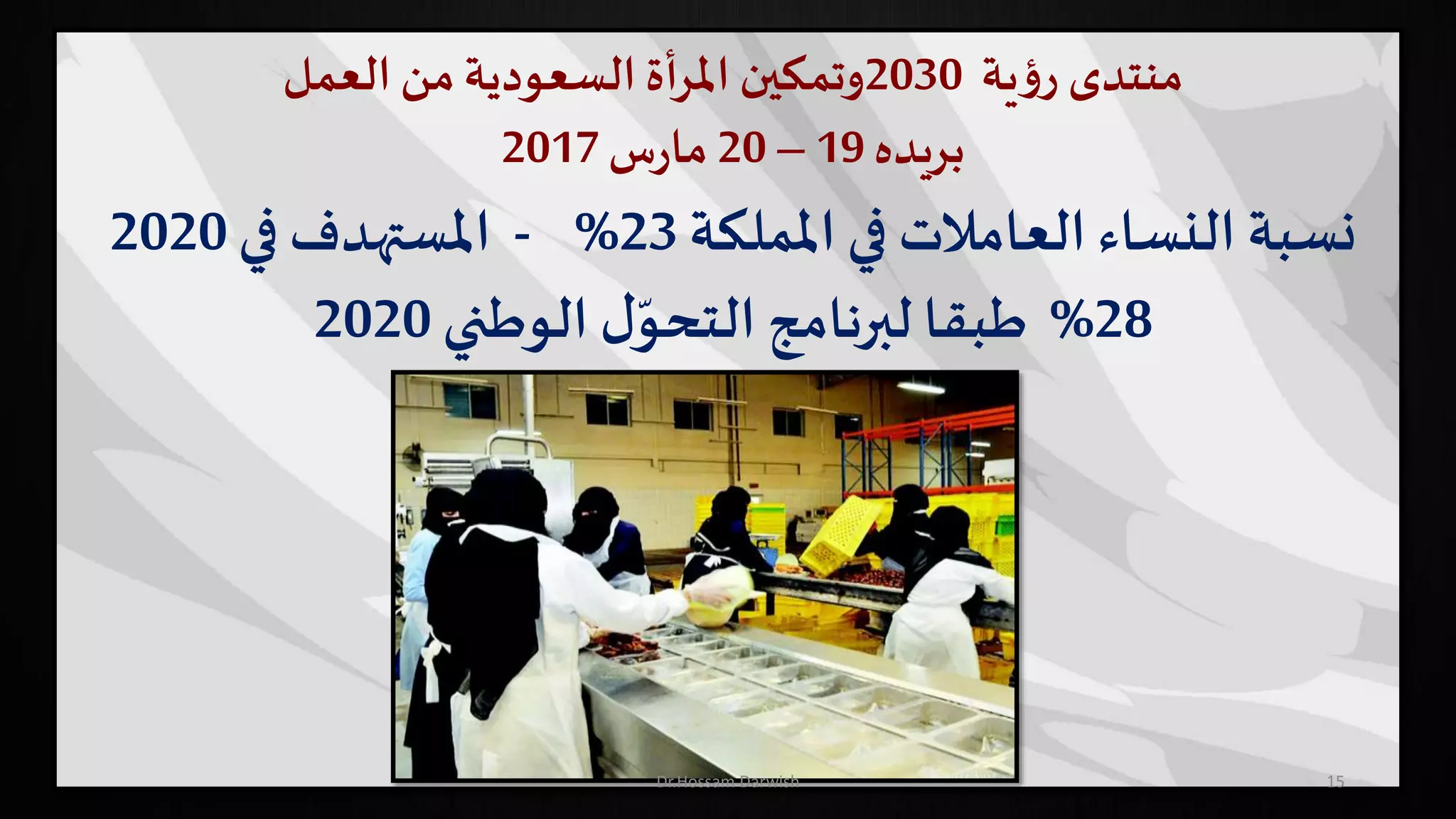 ‫منتدى‬‫ية‬‫ؤ‬‫ر‬2030‫وتمكين‬‫أة‬‫ر‬‫امل‬‫السعودية‬‫من‬‫العمل‬
‫بريده‬19–20‫س‬‫ر‬‫ما‬2017
15
‫اململكة‬ ‫في‬ ‫العامالت‬ ‫النساء‬ ‫نسبة‬23%-‫في‬ ‫املستهدف‬2020
28%‫طبقا‬‫لبرنامج‬‫الوطني‬ ‫ل‬ّ‫التحو‬2020
Dr.Hossam Darwish
 