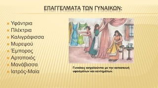 ΕΠΑΓΓΕΛΜΑΤΑ ΤΩΝ ΓΥΝΑΙΚΩΝ:
 Υφάντρια
 Πλέκτρια
 Καλιγράφισσα
 Μυρεψού
 Έμπορος
 Αρτοποιός
 Μανάβισσα
 Ιατρός-Μαία
Γυναίκες ασχολούνται με την κατασκευή
υφασμάτων και κεντημάτων.
 