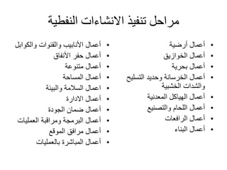 ‫النفطية‬ ‫االنشاءات‬ ‫تنفيذ‬ ‫مراحل‬
•‫والقنوات‬ ‫األنابيب‬ ‫أعمال‬‫والكو‬‫ابل‬
•‫األنفاق‬ ‫حفر‬ ‫أعمال‬
•‫متنوعة‬ ‫أعمال‬
•‫المساحة‬ ‫أعمال‬
•‫والبيئة‬ ‫السالمة‬ ‫اعمال‬
•‫االدارة‬ ‫أعمال‬
•‫الجودة‬ ‫ضمان‬ ‫أعمال‬
•‫العمليات‬ ‫ومراقبة‬ ‫البرمجة‬ ‫أعمال‬
•‫الموقع‬ ‫مرافق‬ ‫أعمال‬
•‫بالعمليات‬ ‫المباشرة‬ ‫أعمال‬
•‫أرضية‬ ‫أعمال‬
•‫الخوازيق‬ ‫أعمال‬
•‫بحرية‬ ‫أعمال‬
•‫التسليح‬ ‫وحديد‬ ‫الخرسانة‬ ‫أعمال‬
‫والشدات‬‫الخشبية‬
•‫المعدنية‬ ‫الهياكل‬ ‫أعمال‬
•‫والتصنيع‬ ‫اللحام‬ ‫أعمال‬
•‫الرافعات‬ ‫أعمال‬
•‫البناء‬ ‫أعمال‬
 