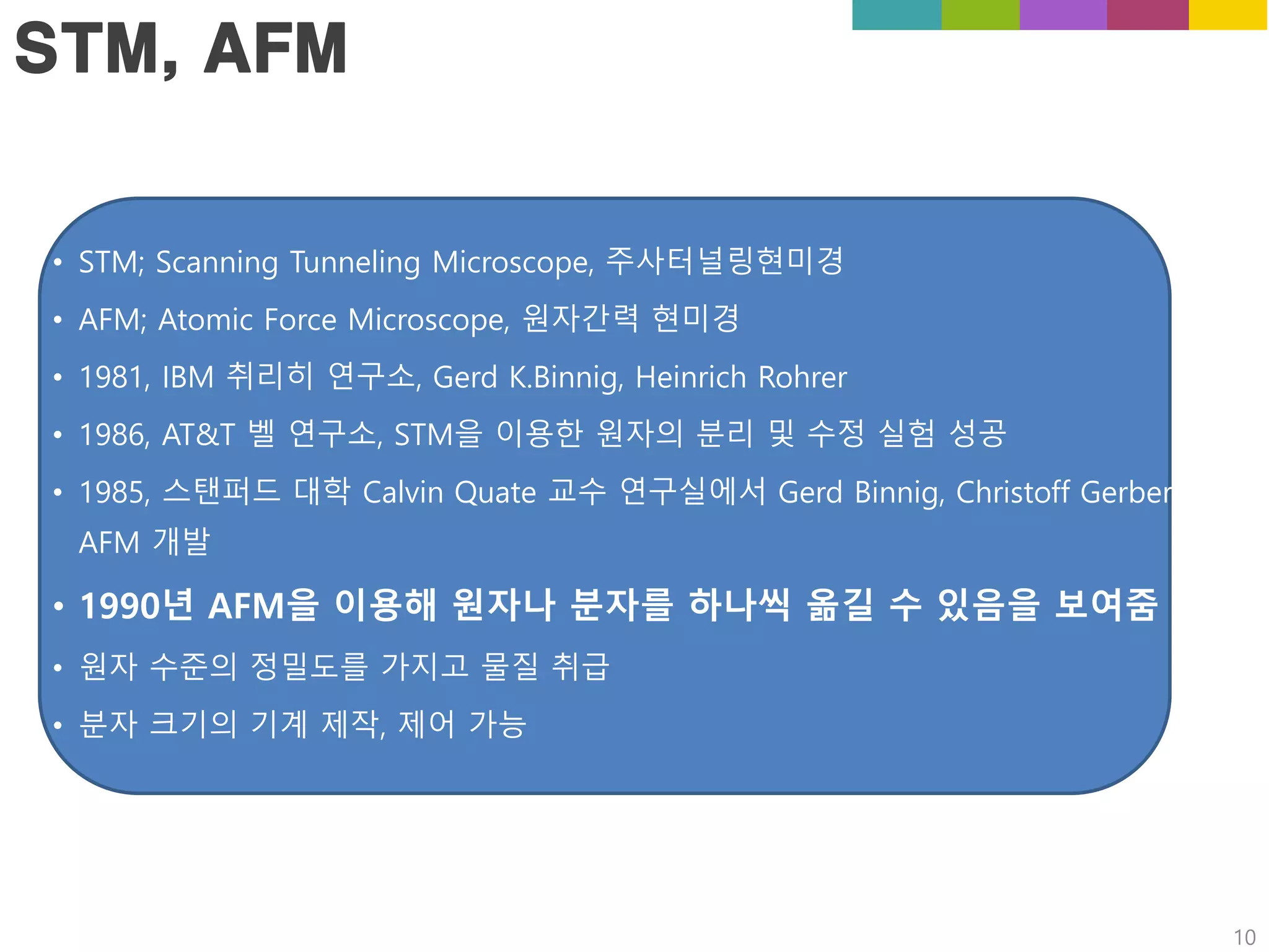• STM; Scanning Tunneling Microscope, 주사터널링현미경
• AFM; Atomic Force Microscope, 원자간력 현미경
• 1981, IBM 취리히 연구소, Gerd K.Binnig, Heinrich Rohrer
• 1986, AT&T 벨 연구소, STM을 이용한 원자의 분리 및 수정 실험 성공
• 1985, 스탠퍼드 대학 Calvin Quate 교수 연구실에서 Gerd Binnig, Christoff Gerber가
AFM 개발
• 1990년 AFM을 이용해 원자나 분자를 하나씩 옮길 수 있음을 보여줌
• 원자 수준의 정밀도를 가지고 물질 취급
• 분자 크기의 기계 제작, 제어 가능
STM, AFM
10
 