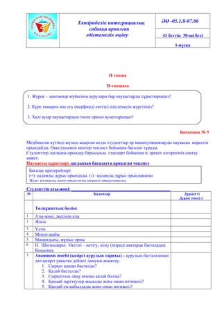 Тәжірибелік интеграциялық
сабаққа арналған
әдістемелік өңдеу
ӘӨ -05.1.8-07.06
41 беттің 30-ші беті
1-нұсқа
ІІ топша
ІІ-топшаға
Қосымша № 5
Медбикелік күтімді жүзеге асырған кезде студенттер әр манипуляцияларды науқасқа көрсетіп
орындайды. Оқытушымен ментор чеклист бойынша бағалап тұрады.
Студенттер дағдыны орындау барысында стандарт бойынша іс әрекет алгоритмін сақтау
қажет.
Науқасты сұрастыру дағдысын бағалауға арналған чеклист
Студенттің аты-жөні: ____________________________________________
№ Қадамдар Дұрыс(+)
Дұрыс емес(-)
Төлқұжаттық бөлім:
1 Аты-жөні, әкесінің аты
2 Жасы
3 Ұлты
4 Мекен-жайы
5 Мамандығы, жұмыс орны
6 ІІ. Шағымдары: Негізгі – ентігу, ісіну (әсіресе аяқтарда басталады).
Қосымша
7 Anamnesis morbi (қазіргі аурудың тарихы) - аурудың басталғаннан
дәл қазіргі уақытқа дейінгі дамуын анықтау.
1. Сырқат қашан басталды?
2. Қалай басталды?
3. Сырқаттың даму ағымы қалай болды?
4. Қандай зерттеулер жасалды және оның нәтижесі?
5. Қандай ем қабылдады және оның нәтижесі?
1. Жүрек - қантамыр жүйесінің аурулары бар науқастарды сұрастырыңыз?
2. Күре тамырға ине егу (морфинді енгізу) әдістемесін жүргізіңіз?
3. Халі ауыр науқастардың төсек орнын ауыстырыңыз?
Бағалау критерийлері
(+): қадамды дұрыс орындады. (-) –қадамды дұрыс орындамаған
Жоқ: қадамды қате орындады немесе орындамады.
 