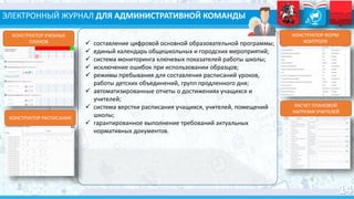 ЭЛЕКТРОННЫЙ ЖУРНАЛ ДЛЯ АДМИНИСТРАТИВНОЙ КОМАНДЫ
 составление цифровой основной образовательной программы;
 единый календарь общешкольных и городских мероприятий;
 система мониторинга ключевых показателей работы школы;
 исключение ошибок при использовании образцов;
 режимы пребывания для составления расписаний уроков,
работы детских объединений, групп продленного дня;
 автоматизированные отчеты о достижениях учащихся и
учителей;
 система верстки расписания учащихся, учителей, помещений
школы;
 гарантированное выполнение требований актуальных
нормативных документов.
КОНСТРУКТОР УЧЕБНЫХ
ПЛАНОВ
КОНСТРУКТОР РАСПИСАНИЯ
КОНСТРУКТОР ФОРМ
КОНТРОЛЯ
РАСЧЕТ ПЛАНОВОЙ
НАГРУЗКИ УЧИТЕЛЕЙ
 