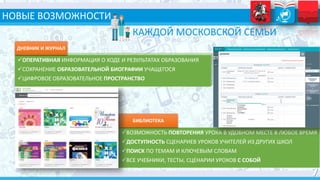 НОВЫЕ ВОЗМОЖНОСТИ
ОПЕРАТИВНАЯ ИНФОРМАЦИЯ О ХОДЕ И РЕЗУЛЬТАТАХ ОБРАЗОВАНИЯ
СОХРАНЕНИЕ ОБРАЗОВАТЕЛЬНОЙ БИОГРАФИИ УЧАЩЕГОСЯ
ЦИФРОВОЕ ОБРАЗОВАТЕЛЬНОЕ ПРОСТРАНСТВО
ДНЕВНИК И ЖУРНАЛ
КАЖДОЙ МОСКОВСКОЙ СЕМЬИ
ВОЗМОЖНОСТЬ ПОВТОРЕНИЯ УРОКА В УДОБНОМ МЕСТЕ В ЛЮБОЕ ВРЕМЯ
ДОСТУПНОСТЬ СЦЕНАРИЕВ УРОКОВ УЧИТЕЛЕЙ ИЗ ДРУГИХ ШКОЛ
ПОИСК ПО ТЕМАМ И КЛЮЧЕВЫМ СЛОВАМ
ВСЕ УЧЕБНИКИ, ТЕСТЫ, СЦЕНАРИИ УРОКОВ С СОБОЙ
БИБЛИОТЕКА
 