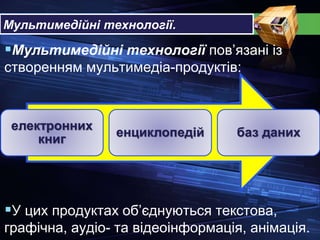 Мультимедійні технології.
Мультимедійні технології пов’язані із
створенням мультимедіа-продуктів:
У цих продуктах об’єднуються текстова,
графічна, аудіо- та відеоінформація, анімація.
електронних
книг
енциклопедій баз даних
 
