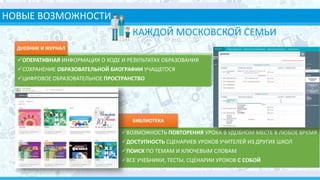 НОВЫЕ ВОЗМОЖНОСТИ
ОПЕРАТИВНАЯ ИНФОРМАЦИЯ О ХОДЕ И РЕЗУЛЬТАТАХ ОБРАЗОВАНИЯ
СОХРАНЕНИЕ ОБРАЗОВАТЕЛЬНОЙ БИОГРАФИИ УЧАЩЕГОСЯ
ЦИФРОВОЕ ОБРАЗОВАТЕЛЬНОЕ ПРОСТРАНСТВО
ДНЕВНИК И ЖУРНАЛ
КАЖДОЙ МОСКОВСКОЙ СЕМЬИ
ВОЗМОЖНОСТЬ ПОВТОРЕНИЯ УРОКА В УДОБНОМ МЕСТЕ В ЛЮБОЕ ВРЕМЯ
ДОСТУПНОСТЬ СЦЕНАРИЕВ УРОКОВ УЧИТЕЛЕЙ ИЗ ДРУГИХ ШКОЛ
ПОИСК ПО ТЕМАМ И КЛЮЧЕВЫМ СЛОВАМ
ВСЕ УЧЕБНИКИ, ТЕСТЫ, СЦЕНАРИИ УРОКОВ С СОБОЙ
БИБЛИОТЕКА
 