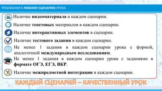 Наличие видеоматериала в каждом сценарии.
Наличие текстовых материалов в каждом сценарии.
Наличие тестового задания в каждом сценарии.
Не менее 1 задания в каждом сценарии урока с формой,
аналогичной международным исследованиям.
Наличие интерактивных элементов в сценарии.
Наличие межпредметной интеграции в каждом сценарии.
Не менее 1 задания в каждом сценарии урока с заданиями в
формате ОГЭ, ЕГЭ, ВКР.
ТРЕБОВАНИЯ К ЛЮБОМУ СЦЕНАРИЮ УРОКА
 