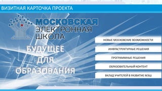 ВИЗИТНАЯ КАРТОЧКА ПРОЕКТА
ВКЛАД УЧИТЕЛЕЙ В РАЗВИТИЕ МЭШ
ОБРАЗОВАТЕЛЬНЫЙ КОНТЕНТ
ПРОГРАММНЫЕ РЕШЕНИЯ
НОВЫЕ МОСКОВСКИЕ ВОЗМОЖНОСТИ
ИНФРАСТРУКТУРНЫЕ РЕШЕНИЯБУДУЩЕЕ
ДЛЯ
ОБРАЗОВАНИЯ
БУДУЩЕЕ
ДЛЯ
ОБРАЗОВАНИЯ
 
