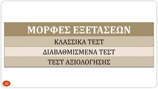 ΜΟΡΦΕΣ ΕΞΕΤΑΣΕΩΝ
ΚΛΑΣΣΙΚΑ ΤΕΣΤ
ΔΙΑΒΑΘΜΙΣΜΕΝΑ ΤΕΣΤ
ΤΕΣΤ ΑΞΙΟΛΟΓΗΣΗΣ
35
 