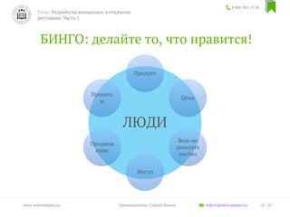 БИНГО: делайте то, что нравится!
8 800 301 13 38
14 / 35www.welcomepro.ru Преподаватель: Сергей Ицков itskov@welcomepro.ru
Тема: Разработка концепции и открытие
ресторана. Часть 1
ЛЮДИ
Продукт
Цена
Вещ-ое
доказате
льство
Место
Продвиж
ение
Процесс
ы
 