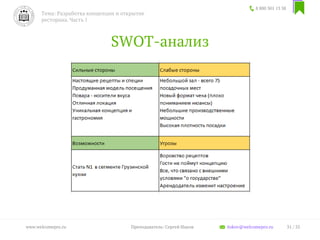 SWOT-анализ
8 800 301 13 38
Тема: Разработка концепции и открытие
ресторана. Часть 1
31 / 35www.welcomepro.ru Преподаватель: Сергей Ицков itskov@welcomepro.ru
 