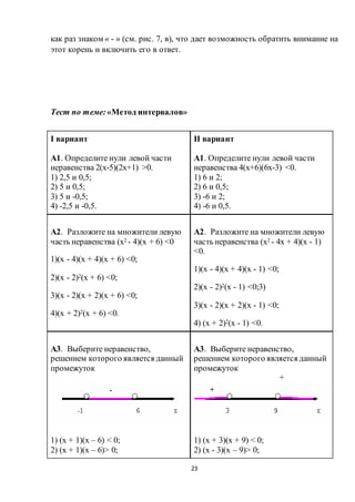23
как раз знаком « - » (см. рис. 7, в), что дает возможность обратить внимание на
этот корень и включить его в ответ.
Тест по теме:«Метод интервалов»
I вариант
А1. Определите нули левой части
неравенства 2(х-5)(2х+1) >0.
1) 2,5 и 0,5;
2) 5 и 0,5;
3) 5 и -0,5;
4) -2,5 и -0,5.
II вариант
А1. Определите нули левой части
неравенства 4(х+6)(6х-3) <0.
1) 6 и 2;
2) 6 и 0,5;
3) -6 и 2;
4) -6 и 0,5.
А2. Разложите на множители левую
часть неравенства (х2 - 4)(х + 6) <0
1)(х - 4)(х + 4)(х + 6) <0;
2)(х - 2)2(х + 6) <0;
3)(х - 2)(х + 2)(х + 6) <0;
4)(х + 2)2(х + 6) <0.
А2. Разложите на множители левую
часть неравенства (х2 - 4х + 4)(х - 1)
<0.
1)(х - 4)(х + 4)(х - 1) <0;
2)(х - 2)2(х - 1) <0;3)
3)(х - 2)(х + 2)(х - 1) <0;
4) (х + 2)2(х - 1) <0.
А3. Выберите неравенство,
решением которого является данный
промежуток
1) (х + 1)(х – 6) < 0;
2) (х + 1)(х – 6)> 0;
А3. Выберите неравенство,
решением которого является данный
промежуток
+
1) (х + 3)(х + 9) < 0;
2) (х - 3)(х – 9)> 0;
 