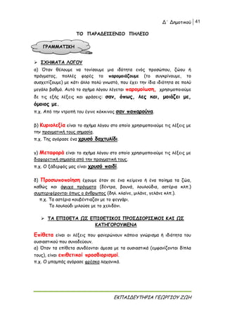Δ΄ Δημοτικού 41
ΕΚΠΑΙΔΕΥΤΗΡΙΑ ΓΕΩΡΓΙΟΥ ΖΩΗ
ΤΟ ΠΑΡΑΔΕΙΣΕΝΙΟ ΠΗΛΕΙΟ
 ΣΧΗΜΑΤΑ ΛΟΓΟΥ
α) Όταν θέλουμε να τονίσουμε μια ιδότητα ενός προσώπου, ζώου ή
πράγματος, πολλές φορές το παρομοιάζουμε (το συγκρίνουμε, το
συσχετίζουμε) με κάτι άλλο πολύ γνωστό, που έχει την ίδια ιδιότητα σε πολύ
μεγάλο βαθμό. Αυτό το σχήμα λόγου λέγεται παρομοίωση, χρησιμοποιούμε
δε τις εξής λέξεις και φράσεις: σαν, όπως, λες και, μοιάζει με,
όμοιος με.
π.χ. Από την ντροπή του έγινε κόκκινος σαν παπαρούνα.
β) Κυριολεξία είναι το σχήμα λόγου στο οποίο χρησιμοποιούμε τις λέξεις με
την πραγματική τους σημασία.
π.χ. Της αγόρασε ένα χρυσό δαχτυλίδι.
γ) Μεταφορά είναι το σχήμα λόγου στο οποίο χρησιμοποιούμε τις λέξεις με
διαφορετική σημασία από την πραγματική τους.
π.χ. Ο ξάδερφός μας είναι χρυσό παιδί.
δ) Προσωποποίηση έχουμε όταν σε ένα κείμενο ή ένα ποίημα τα ζώα,
καθώς και άψυχα πράγματα (δέντρα, βουνά, λουλούδια, αστέρια κλπ.)
συμπεριφέρονται όπως ο άνθρωπος (δηλ. κλαίνε, μιλάνε, γελάνε κλπ.).
π.χ. Τα αστέρια κουβέντιαζαν με το φεγγάρι.
Το λουλούδι μιλούσε με το χελιδόνι.
 ΤΑ ΕΠΙΘΕΤΑ ΩΣ ΕΠΙΘΕΤΙΚΟΙ ΠΡΟΣΔΙΟΡΙΣΜΟΙ ΚΑΙ ΩΣ
ΚΑΤΗΓΟΡΟΥΜΕΝΑ
Επίθετα είναι οι λέξεις που φανερώνουν κάποιο γνώρισμα ή ιδιότητα του
ουσιαστικού που συνοδεύουν.
α) Όταν τα επίθετα συνδέονται άμεσα με τα ουσιαστικά (εμφανίζονται δίπλα
τους), είναι επιθετικοί προσδιορισμοί.
π.χ. Ο μπαμπάς αγόρασε φρέσκα λαχανικά.
ΓΡΑΜΜΑΤΙΚΗ
 