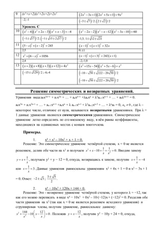 9 (х2+х+2)(х2+2х+2)=2х2
  2 2 2
2 3 1 2 5 1 9x x x x x    
–2; -1
 3 7 / 2  ; 2 2 / 2
Уровень С
10    2 2 2
4 2 3 3 4x x x x x          2 2 2
2 2 12 3 10 60x x x x x x      
 1 17 /2  ; 1 15 2 17 / 2   -1;3; 1 12 21 
11    
5 5
5 2 243x x       
5 5
1 1 32x x x   
2;5 0; 1
12  
55
6 1056x x        
5 5
1 3 242 1x x x    
2;4 –2;-1;0
13      2
2 8 3 12 4x x x x x       2 2 2
15 54 5 6x x x x x    
 15 129 / 2  ;–6;-4  10 50 222 20 50 / 2   
 10 50 222 20 50 / 2   
Решение симметрических и возвратных уравнений.
Уравнения вида:a0x2n+1 + a1x2n + … + anxn+1 +λanxn + λ3an-1xn+1 + … + a0λ2n+1 = 0.
a0x2n + a1x2n-1 + … + an-1xn+1 +anxn + λ an-1xn-1 + λ2an-2xn-2 + … + λna0 = 0, 00 а , где λ –
некоторое число, отличное от нуля, называются возвратными уравнениями. При λ =
1 данные уравнения являются симметрическими уравнениями. Симметрическое
уравнение легко определить по его внешнему виду, в нём равны коэффициенты,
находящиеся на одинаковых местах с концов многочлена.
Примеры.
1. х4 + х3 – 10х2 + х + 1 = 0.
Решение: Это симметрическое уравнение четвёртой степени, х = 0 не является
решением, делим обе части на х2 и получаем 2
2
1 1
10 0x x
x x
     . Вводим замену
1
y x
x
  , получаем у2 + у − 12 = 0, откуда, возвращаясь к замене, получим
1
4x
x
  
или
1
3x
x
  . Данные уравнения равносильны уравнениям х2 + 4х + 1 = 0 и х2 − 3х + 1
= 0. Ответ: 2 3  ;
3 5
2

.
2. х4 − 10х3 + 120х + 144 = 0.
Решение: Это - возвратное уравнение четвёртой степени, у которого λ = −12, так
как его можно переписать в виде х4 − 10х3 + 0х2 – 10∙(−12)х+ (−12)2 = 0. Разделив обе
части уравнения на х2 (так как х = 0 не является решением исходного уравнения) и
сгруппировав члены, получим уравнение, равносильное данному:
2
2
144 12
10 0x x
x x
 
    
 
. Положив
12
y x
x
  , получим у2 − 10у + 24 = 0, откуда,
 