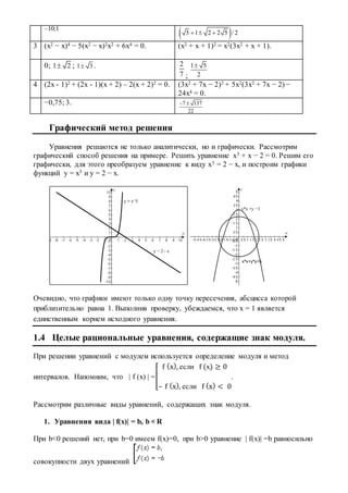 –10;1
 5 1 2 2 5 / 2  
3 (х2 − х)4 − 5(х2 − х)2х2 + 6х4 = 0. (х2 + х + 1)2 = х2(3х2 + х + 1).
0; 1 2 ; 1 3 . 2
7 ;
1 5
2

4 (2х - 1)2 + (2х - 1)(х + 2) – 2(х + 2)2 = 0. (3х2 + 7х − 2)2 + 5х2(3х2 + 7х − 2) −
24х4 = 0.
−0,75; 3. 7 137
22
 
Графический метод решения
Уравнения решаются не только аналитически, но и графически. Рассмотрим
графический способ решения на примере. Решить уравнение х5 + х − 2 = 0. Решим его
графически, для этого преобразуем уравнение к виду х5 = 2 − х, и построим графики
функций у = х5 и у = 2 − х.
Очевидно, что графики имеют только одну точку пересечения, абсцисса которой
приблизительно равна 1. Выполнив проверку, убеждаемся, что х = 1 является
единственным корнем исходного уравнения.
1.4 Целые рациональные уравнения, содержащие знак модуля.
При решении уравнений с модулем используется определение модуля и метод
интервалов. Напомним, что | f (x) | =[
f (x), если f (х) ≥ 0
– f (x), если f (x) < 0
.
Рассмотрим различные виды уравнений, содержащих знак модуля.
1. Уравнения вида | f(x)| = b, b R
При b<0 решений нет, при b=0 имеем f(x)=0, при b>0 уравнение | f(x)| =b равносильно
совокупности двух уравнений
 