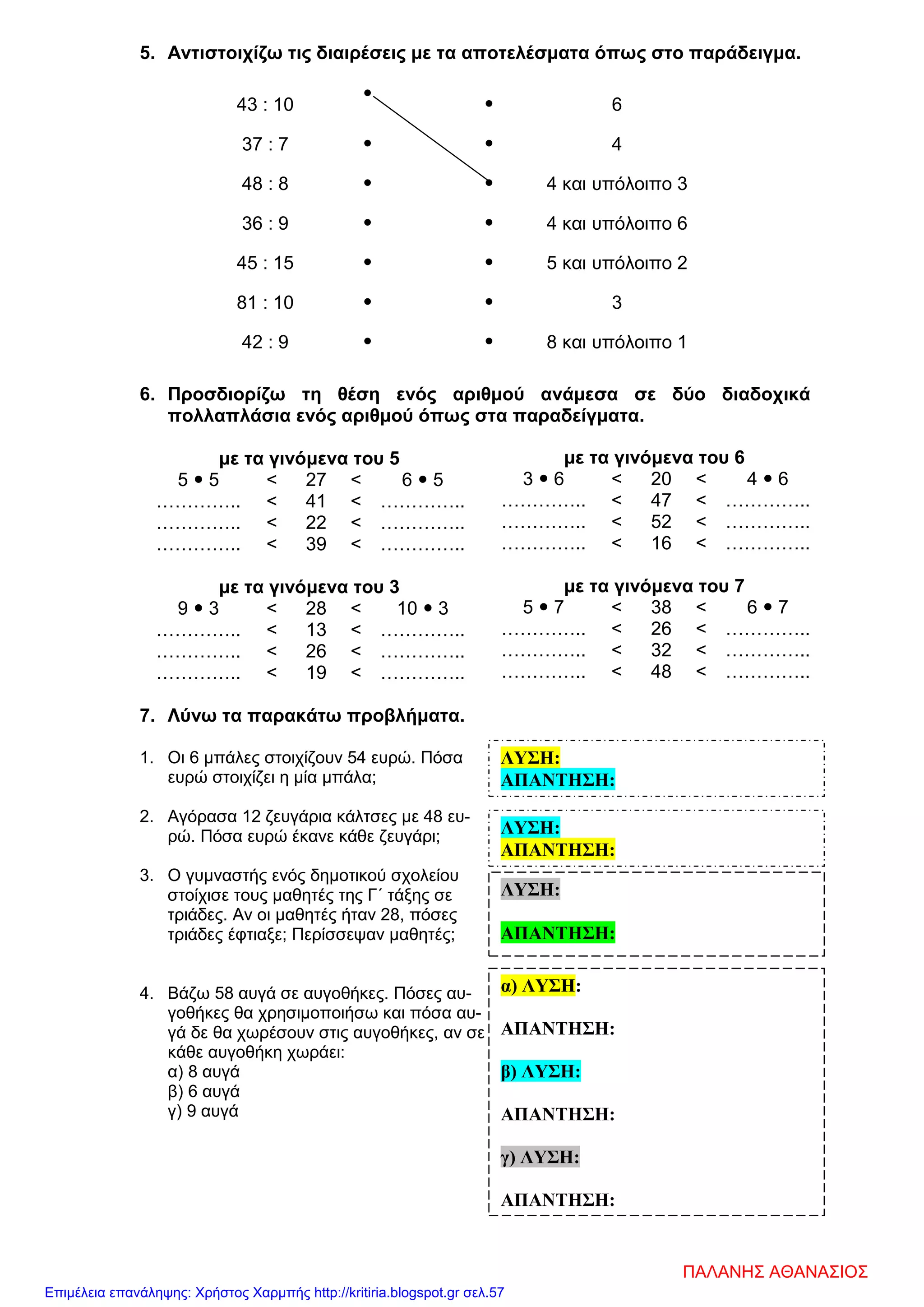 5. Αντιστοιχίζω τις διαιρέσεις με τα αποτελέσματα όπως στο παράδειγμα.
43 : 10

 6
37 : 7   4
48 : 8   4 και υπόλοιπο 3
36 : 9   4 και υπόλοιπο 6
45 : 15   5 και υπόλοιπο 2
81 : 10   3
42 : 9   8 και υπόλοιπο 1
6. Προσδιορίζω τη θέση ενός αριθμού ανάμεσα σε δύο διαδοχικά
πολλαπλάσια ενός αριθμού όπως στα παραδείγματα.
με τα γινόμενα του 5
5  5 < 27 < 6  5
………….. < 41 < …………..
………….. < 22 < …………..
………….. < 39 < …………..
με τα γινόμενα του 3
9  3 < 28 < 10  3
………….. < 13 < …………..
………….. < 26 < …………..
………….. < 19 < …………..
7. Λύνω τα παρακάτω προβλήματα.
1. Οι 6 μπάλες στοιχίζουν 54 ευρώ. Πόσα
ευρώ στοιχίζει η μία μπάλα;
2. Αγόρασα 12 ζευγάρια κάλτσες με 48 ευ-
ρώ. Πόσα ευρώ έκανε κάθε ζευγάρι;
3. Ο γυμναστής ενός δημοτικού σχολείου
στοίχισε τους μαθητές της Γ΄ τάξης σε
τριάδες. Αν οι μαθητές ήταν 28, πόσες
τριάδες έφτιαξε; Περίσσεψαν μαθητές;
4. Βάζω 58 αυγά σε αυγοθήκες. Πόσες αυ-
γοθήκες θα χρησιμοποιήσω και πόσα αυ-
γά δε θα χωρέσουν στις αυγοθήκες, αν σε
κάθε αυγοθήκη χωράει:
α) 8 αυγά
β) 6 αυγά
γ) 9 αυγά
με τα γινόμενα του 6
3  6 < 20 < 4  6
………….. < 47 < …………..
………….. < 52 < …………..
………….. < 16 < …………..
με τα γινόμενα του 7
5  7 < 38 < 6  7
………….. < 26 < …………..
………….. < 32 < …………..
………….. < 48 < …………..
ΛΥΣΗ:
ΑΠΑΝΤΗΣΗ:
ΛΥΣΗ:
ΑΠΑΝΤΗΣΗ:
ΛΥΣΗ:
ΑΠΑΝΤΗΣΗ:
α) ΛΥΣΗ:
ΑΠΑΝΤΗΣΗ:
β) ΛΥΣΗ:
ΑΠΑΝΤΗΣΗ:
γ) ΛΥΣΗ:
ΑΠΑΝΤΗΣΗ:
ΠΑΛΑΝΗΣ ΑΘΑΝΑΣΙΟΣ
Επιμέλεια επανάληψης: Χρήστος Χαρμπής http://kritiria.blogspot.gr σελ.57
 