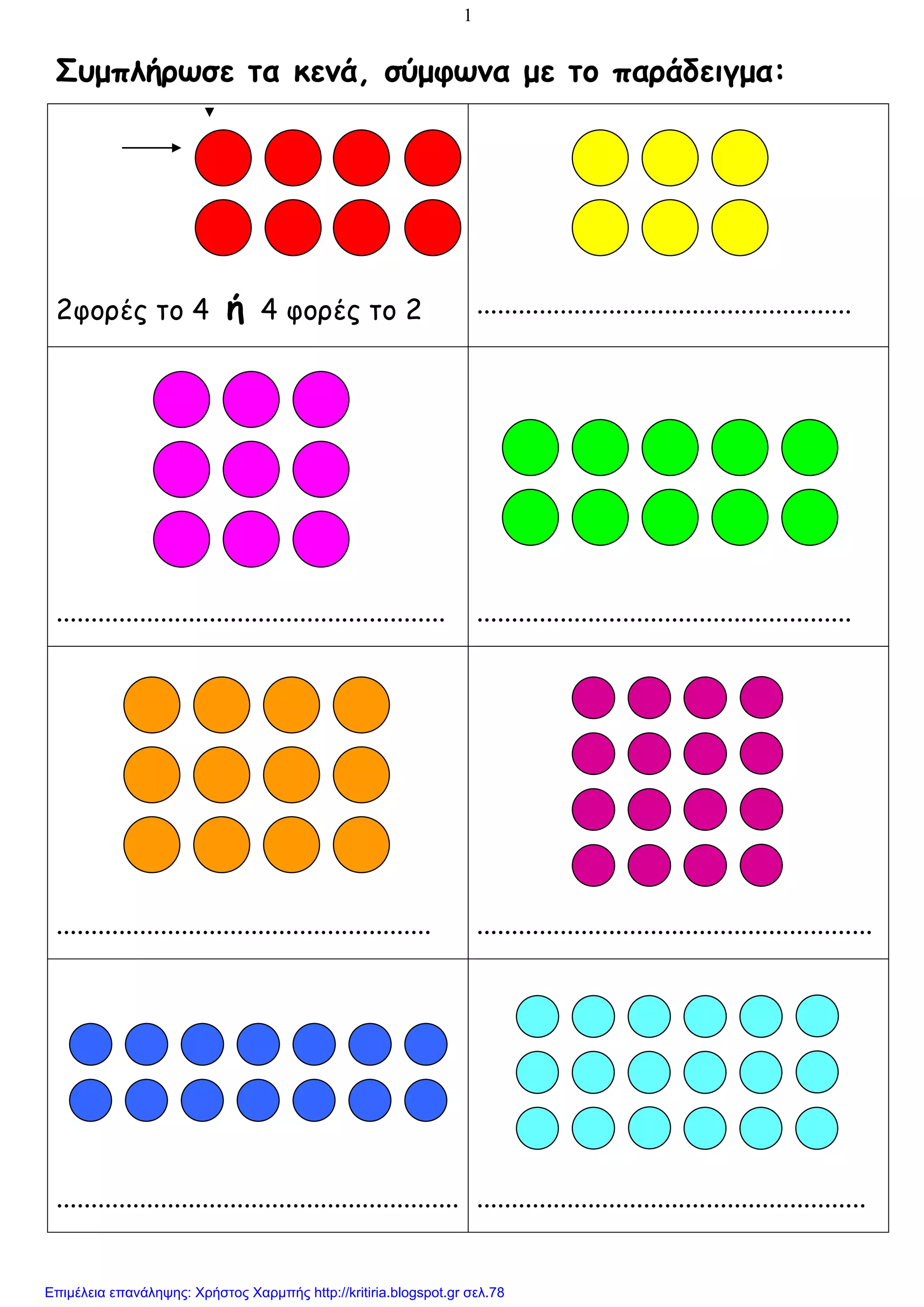 1
Συμπλήρωζε ηα κεμά, ζύμθωμα με ηο παράδειγμα:
2θοπέρ ηο 4 ή 4 θοπέρ ηο 2 ......................................................
........................................................ ......................................................
...................................................... .........................................................
.......................................................... ........................................................
Επιμέλεια επανάληψης: Χρήστος Χαρμπής http://kritiria.blogspot.gr σελ.78
 