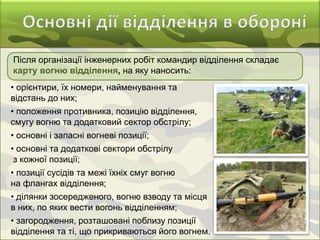 Після організації інженерних робіт командир відділення складає
карту вогню відділення, на яку наносить:
• орієнтири, їх номери, найменування та
відстань до них;
• положення противника, позицію відділення,
смугу вогню та додатковий сектор обстрілу;
• основні і запасні вогневі позиції;
• основні та додаткові сектори обстрілу
з кожної позиції;
• позиції сусідів та межі їхніх смуг вогню
на флангах відділення;
• ділянки зосередженого, вогню взводу та місця
в них, по яких вести вогонь відділенням;
• загородження, розташовані поблизу позиції
відділення та ті, що прикриваються його вогнем.
 