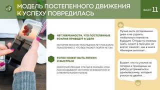 ФАКТ 11
МОДЕЛЬ ПОСТЕПЕННОГО ДВИЖЕНИЯ
К УСПЕХУ ПОВРЕДИЛАСЬ
НЕТ УВЕРЕННОСТИ, ЧТО ПОСТЕПЕННЫЕ
УСИЛИЯ ПРИВЕДУТ К ЦЕЛИ
История России последних лет показала
поколению Z, что все может пойти не так
УСПЕХ МОЖЕТ БЫТЬ ЛЕГКИМ
И БЫСТРЫМ
многочисленные статьи в онлайн-СМИ
рассказывают истории о внезапном и
стремительном успехе
Лучше жить сегодняшним
днём и не строить
глобальных планов на
будущее. Откуда ты можешь
знать, может в твой дом не
влетит самолёт, как в книге
«Империя ангелов»…
Бывает, что ты учился на
пятерки и приходишь на
работу устраиваться к
однокласснику, который
учился на двойки. ..
 