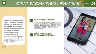 ФАКТ 24
ПОЗИТИВНОЕ ДАВЛЕНИЕ
МОДЕЛЬ ВОСПИТАНИЯ, ПРИ КОТОРОЙ
АКЦЕНТ ДЕЛАЕТСЯ НА ПООЩРЕНИЕ И
«ВЕРУ В РЕБЕНКА», ОКАЗЫВАЕТСЯ ДЛЯ
МОЛОДЫХ ЛЮДЕЙ «ПОЗИТИВНЫМ
ДАВЛЕНИЕМ».
СТРАХ НЕ ОПРАВДАТЬ
ВОЗЛОЖЕННЫХ НАДЕЖД
.
СТРАХ РАЗОЧАРОВАТЬ РОДИТЕЛЕЙ
Боюсь, что мои родители
будут относиться ко мне
не так, как было раньше
или сейчас. Сейчас они
ко мне хорошо относятся,
но боюсь, что будут
относиться плохо..
И у меня так: папа
смотрит на меня, говорит:
ты молодец, я в тебя
верю, продолжай так же.
И это нелегко
 