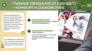 ФАКТ 30
СТАВЯТ ПЕРЕД СОБОЙ
НЕАМБИЦИОЗНЫЕ ЦЕЛИ, ЧТОБЫ
НЕ РАЗОЧАРОВАТЬСЯ
ОЖИДАНИЯ ОТ БУДУЩЕГО -
«SAFE CHOICE»
«НОРМАЛЬНАЯ ЖИЗНЬ», «ПРОСТОЕ
СЧАСТЬЕ», КОМФОРТ,
БЛАГОПОЛУЧИЕ, СПОКОЙСТВИЕ,
СЕМЬЯ.
Я хочу обыкновенного
женского счастья) семью,
домик у пруда чтобы по
нему бегали дети) чтобы не
нуждаться ни в чем) но
и лишнего тоже не нужно)
чтобы родители были
здоровы и горды за это
счастье
ГЛАВНЫЕ ОЖИДАНИЯ ОТ БУДУЩЕГО
– КОМФОРТ И СПОКОЙСТВИЕ
Они бюргерски настроены
все: они хотят нормальной
жизни, нормальных денег,
нормальных путешествий
 