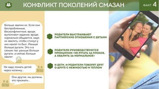 ФАКТ 4
РОДИТЕЛИ ВЫСТРАИВАЮТ
ПАРТНЕРСКИЕ ОТНОШЕНИЯ С ДЕТЬМИ
РОДИТЕЛИ РУКОВОДСТВУЮТСЯ
ПРИНЦИПОМ «НЕ РУГАТЬ ЗА ПЛОХОЕ,
А ХВАЛИТЬ ЗА НОРМАЛЬНОЕ»
И ДЕТИ, И РОДИТЕЛИ ГОВОРЯТ ДРУГ
О ДРУГЕ С НЕЖНОСТЬЮ И ТЕПЛОМ
Больше хвалим их. Если они
беспроблемные,
бесконфликтные, вроде,
выполняют задания, вроде,
нормально общаются, надо
их хвалить, чтобы стимул у
них какой-то был…Раньше
больше ругали. Это и в
семьях так: раньше больше
ругали, а сейчас больше
хвалят
Не надо ломать детей
через коленку…
Они другие, мы должны
это признать…
КОНФЛИКТ ПОКОЛЕНИЙ СМАЗАН
 