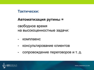 WWW.LEXBOREALIS.COM
Тактически:
Автоматизация рутины =
свободное время
на высокоценностные задачи:
- комплаенс
- консультирование клиентов
- сопровождение переговоров и т. д.
 