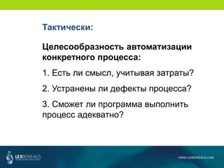 WWW.LEXBOREALIS.COM
Тактически:
Целесообразность автоматизации
конкретного процесса:
1. Есть ли смысл, учитывая затраты?
2. Устранены ли дефекты процесса?
3. Сможет ли программа выполнить
процесс адекватно?
 