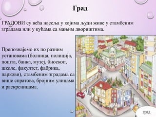 Град
ГРАДОВИ су већа насеља у којима људи живе у стамбеним
зградама или у кућама са мањим двориштима.
Препознајемо их по разним
установама (болница, полиција,
пошта, банка, музеј, биоскоп,
школе, факултет, фабрика,
паркови), стамбеним зградама са
више спратова, бројним улицама
и раскрсницама.
 