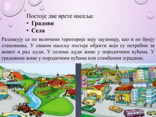 Постоје две врсте насеља:
• Градови
• Села
Разликују се по величини територије коју заузимају, као и по броју
становника. У сваком насељу постоје објекти који су потребни за
живот и рад људи. У селима људи живе у породичним кућама. У
градовима живе у породичним кућама или стамбеним зградама.
 