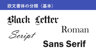 欧文書体の分類（基本）
Roman
Sans Serif
Script ブラック・レター
12–15世紀に使用された。
筆記の速さと単位面積当たり文字数の
多さが特徴。
現在では重厚感を表す場合によく使用
される。
 