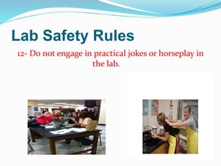 Lab Safety Rules
12- Do not engage in practical jokes or horseplay in
the lab.
 