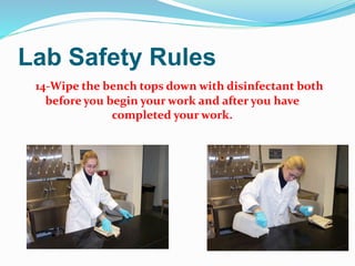Lab Safety Rules
14-Wipe the bench tops down with disinfectant both
before you begin your work and after you have
completed your work.
 