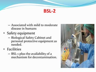 BSL-2
– Associated with mild to moderate
disease in humans
• Safety equipment
– Biological Safety Cabinet and
personal protective equipment as
needed.
• Facilities
– BSL-1 plus the availability of a
mechanism for decontamination.
 