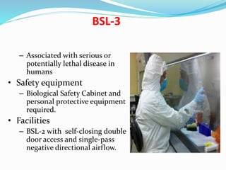 BSL-3
– Associated with serious or
potentially lethal disease in
humans
• Safety equipment
– Biological Safety Cabinet and
personal protective equipment
required.
• Facilities
– BSL-2 with self-closing double
door access and single-pass
negative directional airflow.
 