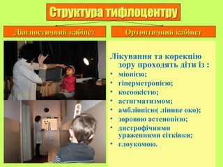 Лікування та корекцію
зору проходять діти із :
• міопією;
• гіперметропією;
• косоокістю;
• астигматизмом;
• амбліопією( ліниве око);
• зоровою астенопією;
• дистрофічними
ураженнями сітківки;
• глоукомою.
Діагностичний кабінетДіагностичний кабінет Ортоптичний кабінетОртоптичний кабінет
 