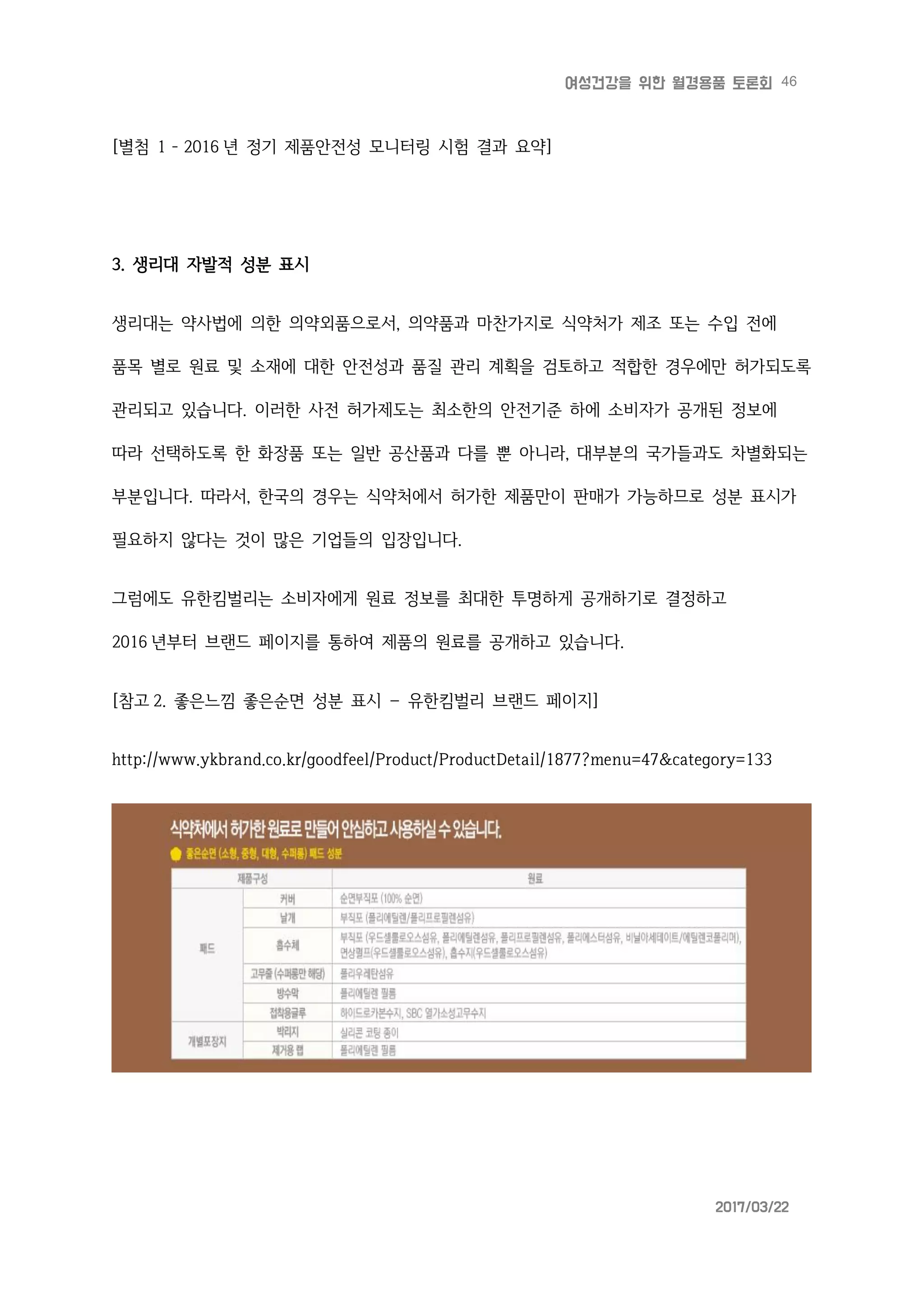 46여성건강을 위한 월경용품 토론회
2017/03/22
[별첨 1 - 2016 년 정기 제품안전성 모니터링 시험 결과 요약]
3. 생리대 자발적 성분 표시
생리대는 약사법에 의한 의약외품으로서, 의약품과 마찬가지로 식약처가 제조 또는 수입 전에
품목 별로 원료 및 소재에 대한 안전성과 품질 관리 계획을 검토하고 적합한 경우에만 허가되도록
관리되고 있습니다. 이러한 사전 허가제도는 최소한의 안전기준 하에 소비자가 공개된 정보에
따라 선택하도록 한 화장품 또는 일반 공산품과 다를 뿐 아니라, 대부분의 국가들과도 차별화되는
부분입니다. 따라서, 한국의 경우는 식약처에서 허가한 제품만이 판매가 가능하므로 성분 표시가
필요하지 않다는 것이 많은 기업들의 입장입니다.
그럼에도 유한킴벌리는 소비자에게 원료 정보를 최대한 투명하게 공개하기로 결정하고
2016 년부터 브랜드 페이지를 통하여 제품의 원료를 공개하고 있습니다.
[참고 2. 좋은느낌 좋은순면 성분 표시 – 유한킴벌리 브랜드 페이지]
http://www.ykbrand.co.kr/goodfeel/Product/ProductDetail/1877?menu=47&category=133
 