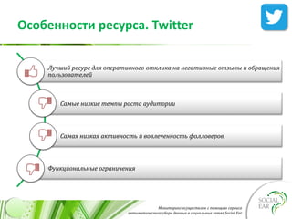 Мониторинг осуществлен с помощью сервиса
автоматического сбора данных в социальных сетях Social Ear
Особенности ресурса. Twitter
Лучший ресурс для оперативного отклика на негативные отзывы и обращения
пользователей
Самые низкие темпы роста аудитории
Самая низкая активность и вовлеченность фолловеров
Функциональные ограничения
 