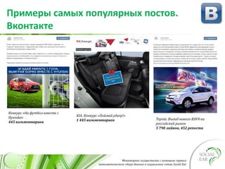 Мониторинг осуществлен с помощью сервиса
автоматического сбора данных в социальных сетях Social Ear
Примеры самых популярных постов.
Вконтакте
Конкурс «На футбол вместе с
Hyundai»
445 комментариев
KIA. Конкурс «Поймай удачу!»
1 445 комментариев Toyota. Выход нового RAV4 на
российский рынок
5 790 лайков, 452 репоста
 